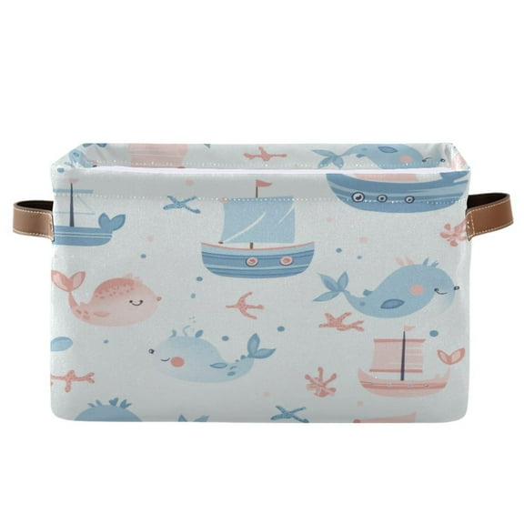 Pastel Blue Sea Animals Foldable Storage Basket,Canvas Fabric Foldable Storage Bins with Handles Open Home Storage Bins Boxes for Toy Book Shelf Closet Baskets