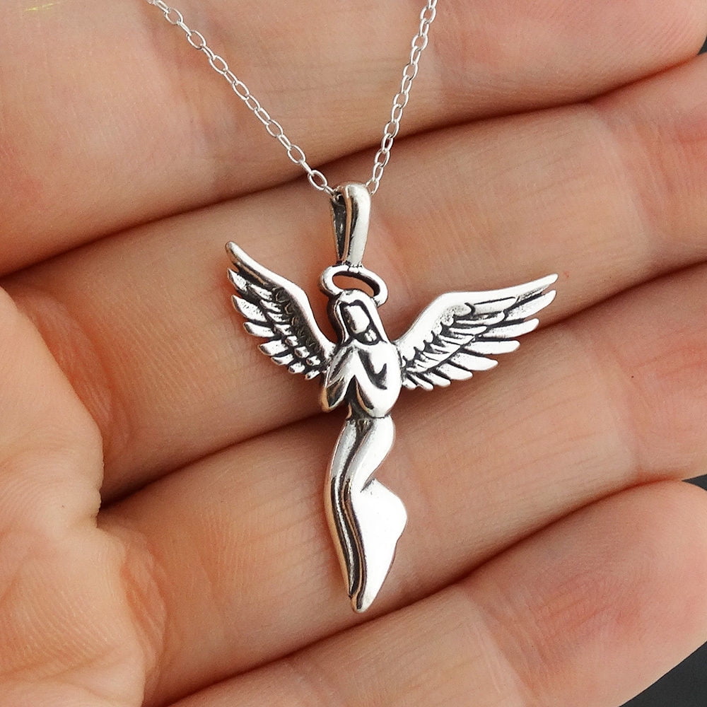 Girls Guardian Angel Necklace w/Genuine Diamond | Silver