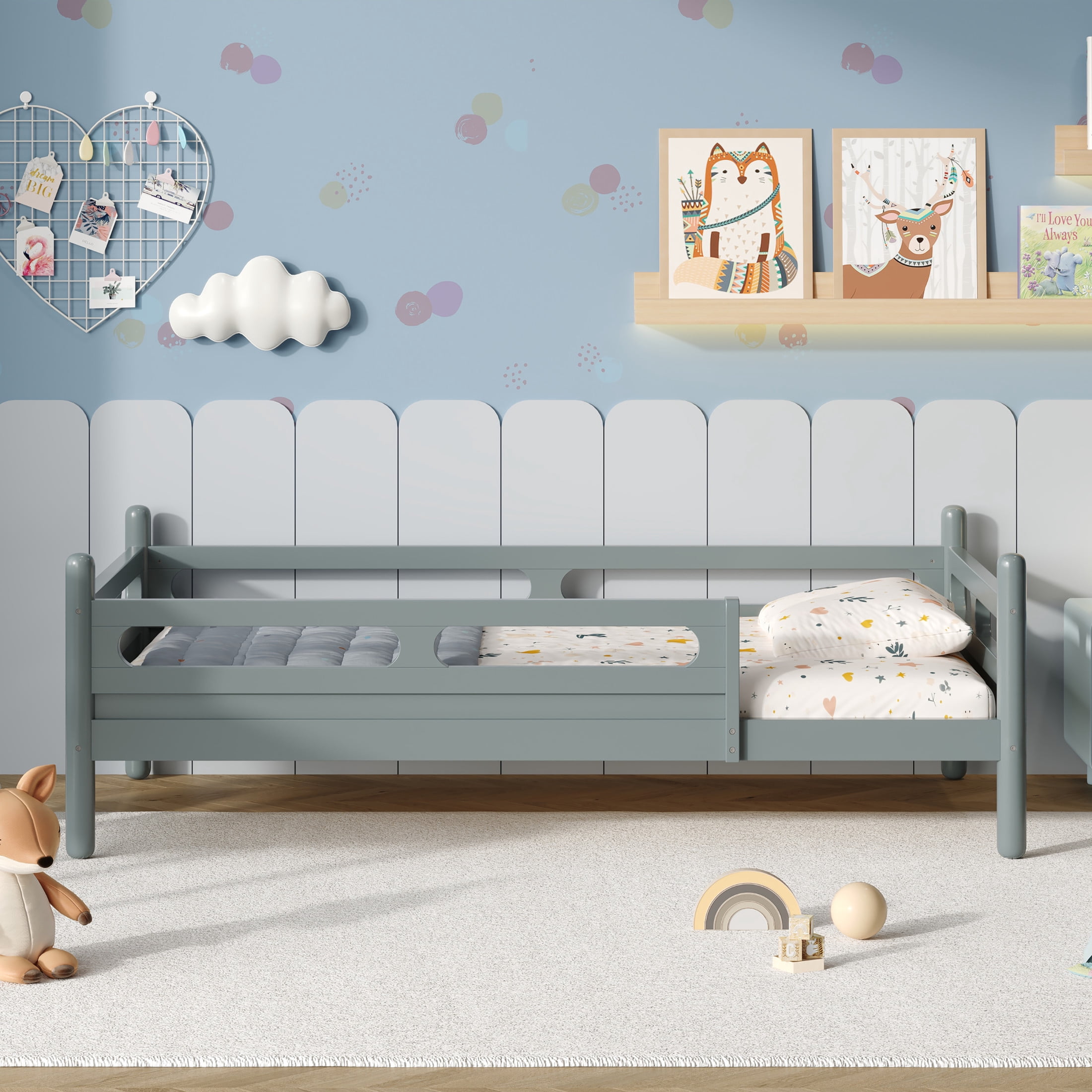 Noble House Twin Size Kids Bed Frame with Safety Rails, Low Profile Design & Slat Support, Gray