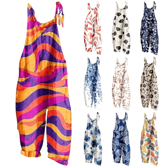QATAINLAV Summer Rompers for Women Boho Print Sleeveless Loose Fit Wide Leg Jumpsuit with Pockets Casual Adjustable Straps Overalls Multicolor XL