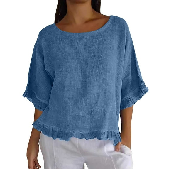 Uooqdmx Summer Shirts for Women, Gauze Tops for Women, Women Plain Tshirt, Solid Color Stand Up Collar Cotton Long Sleeved Shirt Blouse, Womens Tops Casual, Blue L