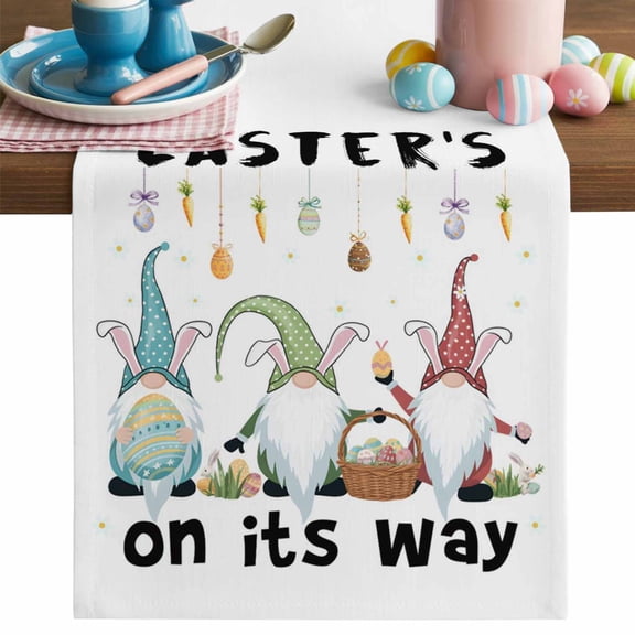 Happy Easter Table Runner, Simple Colorful Gnomes Easter Eggs Floral Carrots Plant Cotton Linen Kitchen Table Decoration Washable Dining Tabletop Runners for Home Party Decor 13x36 Inches