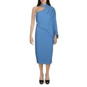 Halston Womens Mock Neck One Shoulder Mini Dress Blue 8