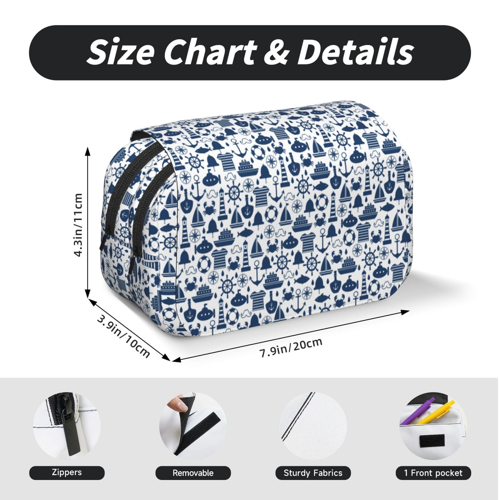 Rateoe Seaside Primary Color Pattern Double Clamshell Pen Case, Storage Organizer with Two Zipper Compartments– Holds Up to 50 Pencils & Pens