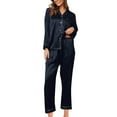 thumbnail image 4 of Satin Pj Set for Women Two Piece Valentines Pajamas for Women Long Sleeve Button Down Sleep & Lounge Navy Pajama Sets for Women, 4 of 4