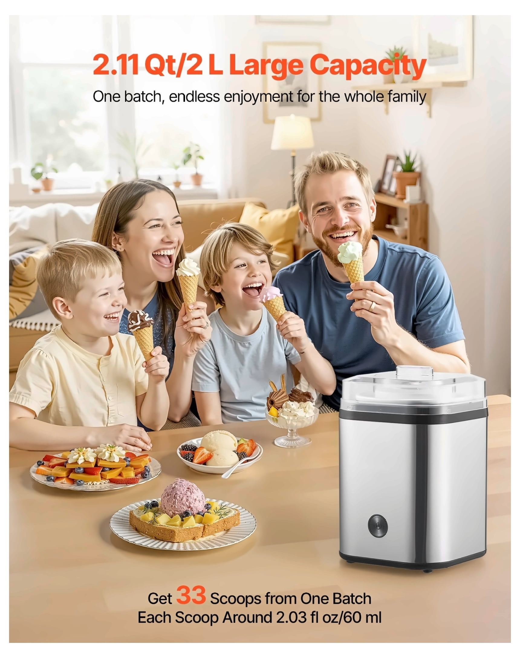 Ice Cream Maker 2.11 Qt, Electric Frozen Dessert Machine, Stainless Steel Shell, Automatic Ice Cream, Yogurt, Sorbet & Gelato Maker, Easy Clean, Silver