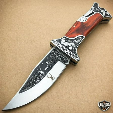 9" Brown Wood Handle Hunting Engraved Blade Lockback Folding Pocket Knife NEW