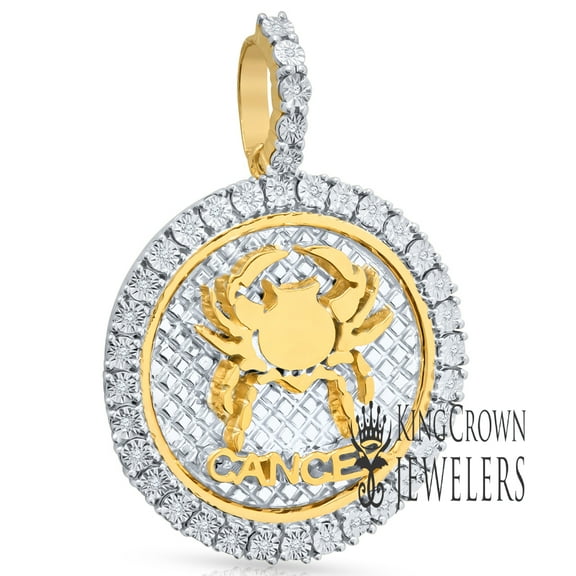 Real Genuine Diamonds Cancer Crab Zodiac Sign Charm Astrology Unisex Round Circle Pendant 10K Yellow Gold Finish 2''