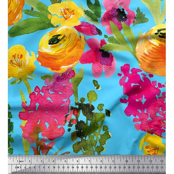 Soimoi Blue Georgette Viscose Fabric Leaves & Floral Printed Fabric 1 Yard 42 Inch Wide
