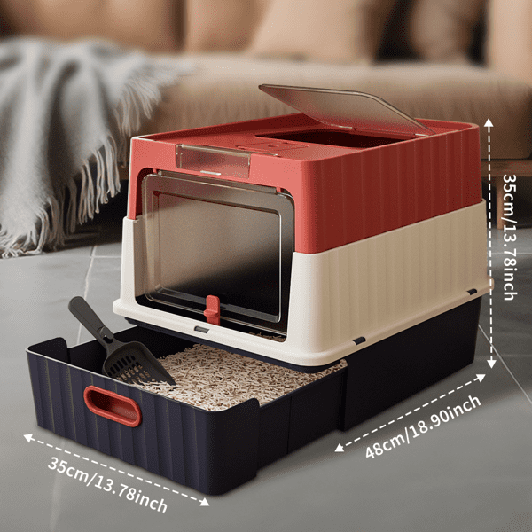 imerelez White Thick Stainless Steel Fully Enclosed Cat Litter Box, Flip-Top 120° Wide Angle, Transparent Top, Odor Control with Carbon, Leak Proof, Large Space for Big Cats, Includes Scoop & Mat
