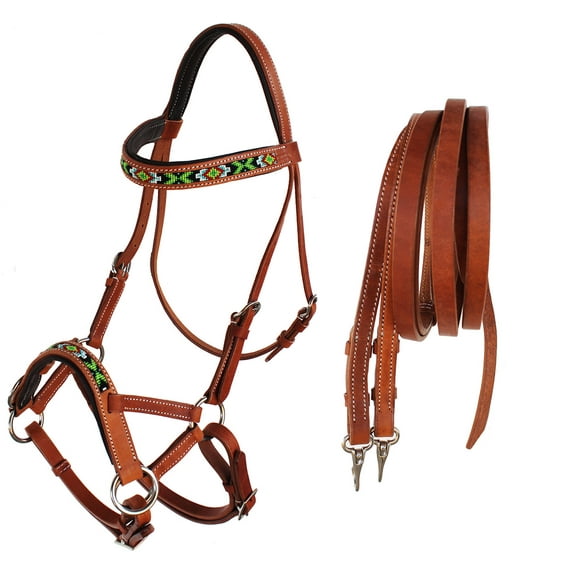 Horse Western Padded Leather Beaded Bitless Sidepull Bridle 77RT21TN-F