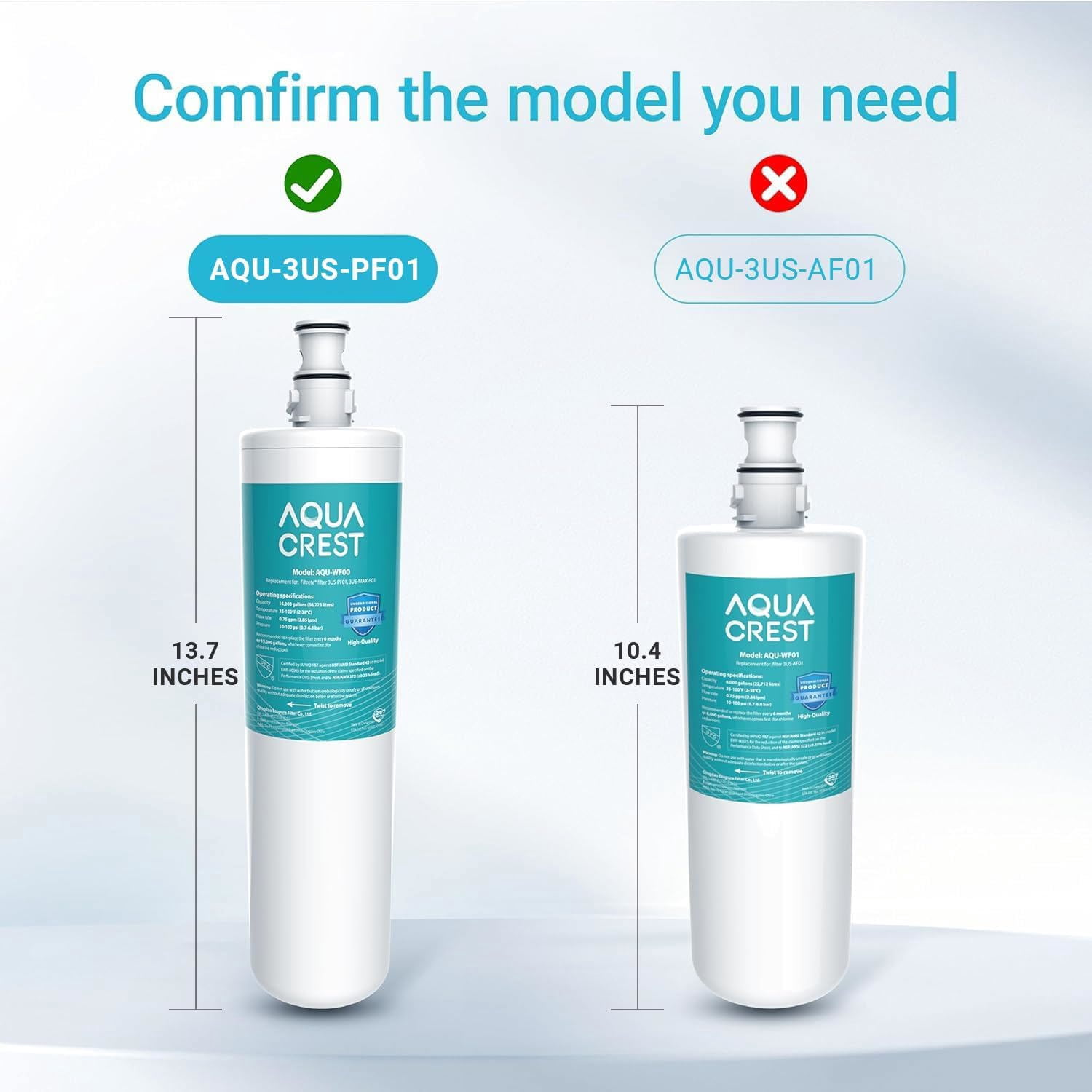AQUA CREST 3US-PF01 Under Sink Water Filter, Replacement for Advanced Filtrete® 3US-PF01, 3US-MAX-F01H, 3US-PF01H, Delta RP78702, Manitowoc K-00337, K-00338, HF20 HF25 HF27