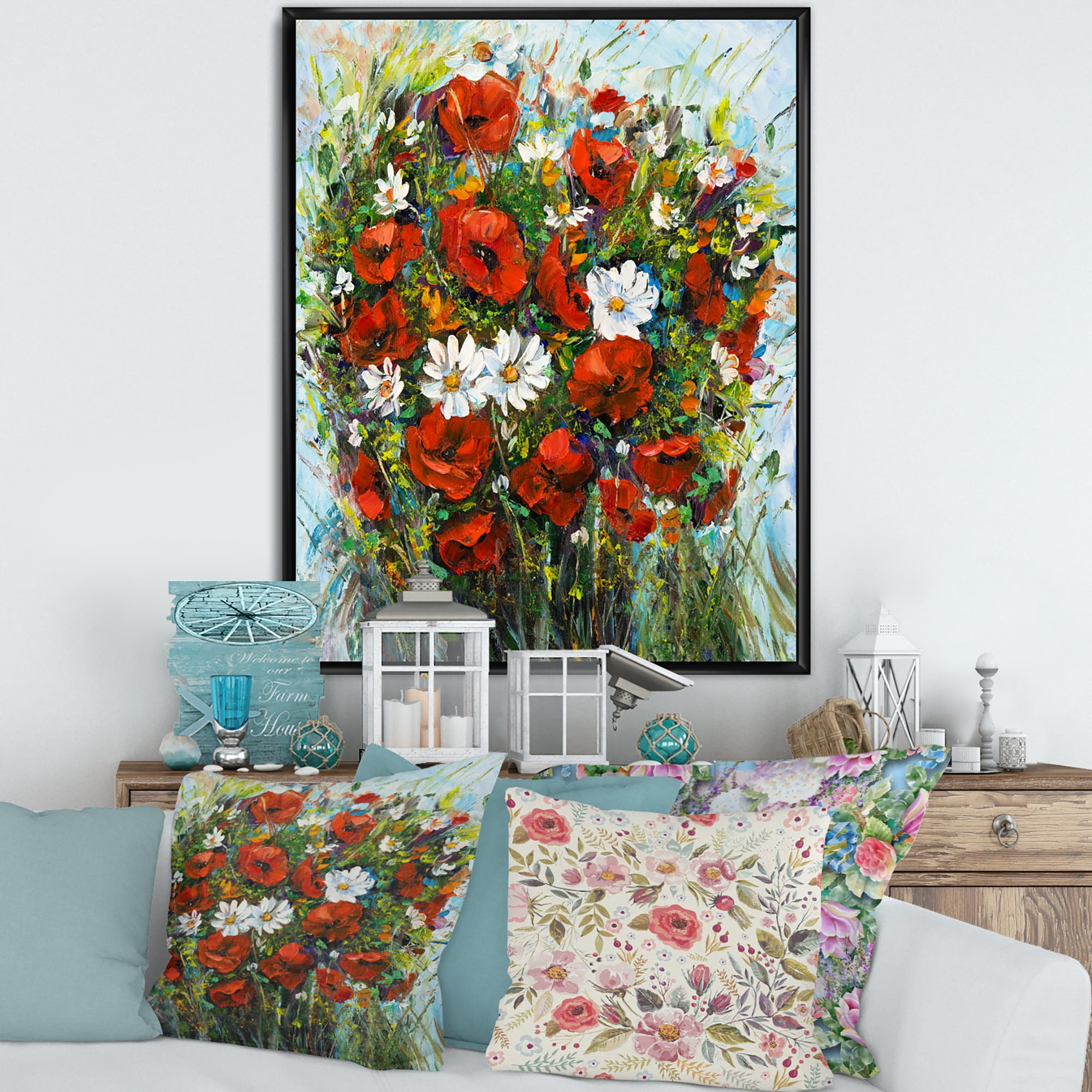 Bouquet Of White and Red Wildflowers 12 in x 20 in Framed Painting Canvas Art Print, by Designart