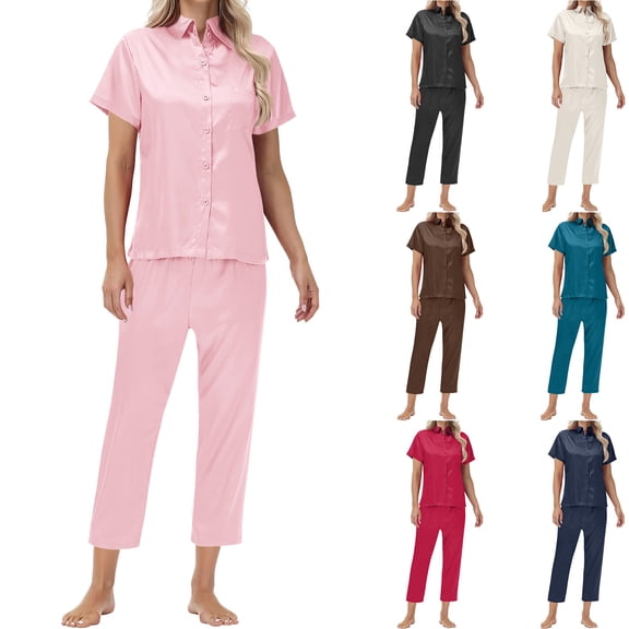 Ashirexll Pajamas for Women Set, Two Piece Sets for Women, Solid Color Ice Silk Satin Short Sleeve Top and Pant Home Set