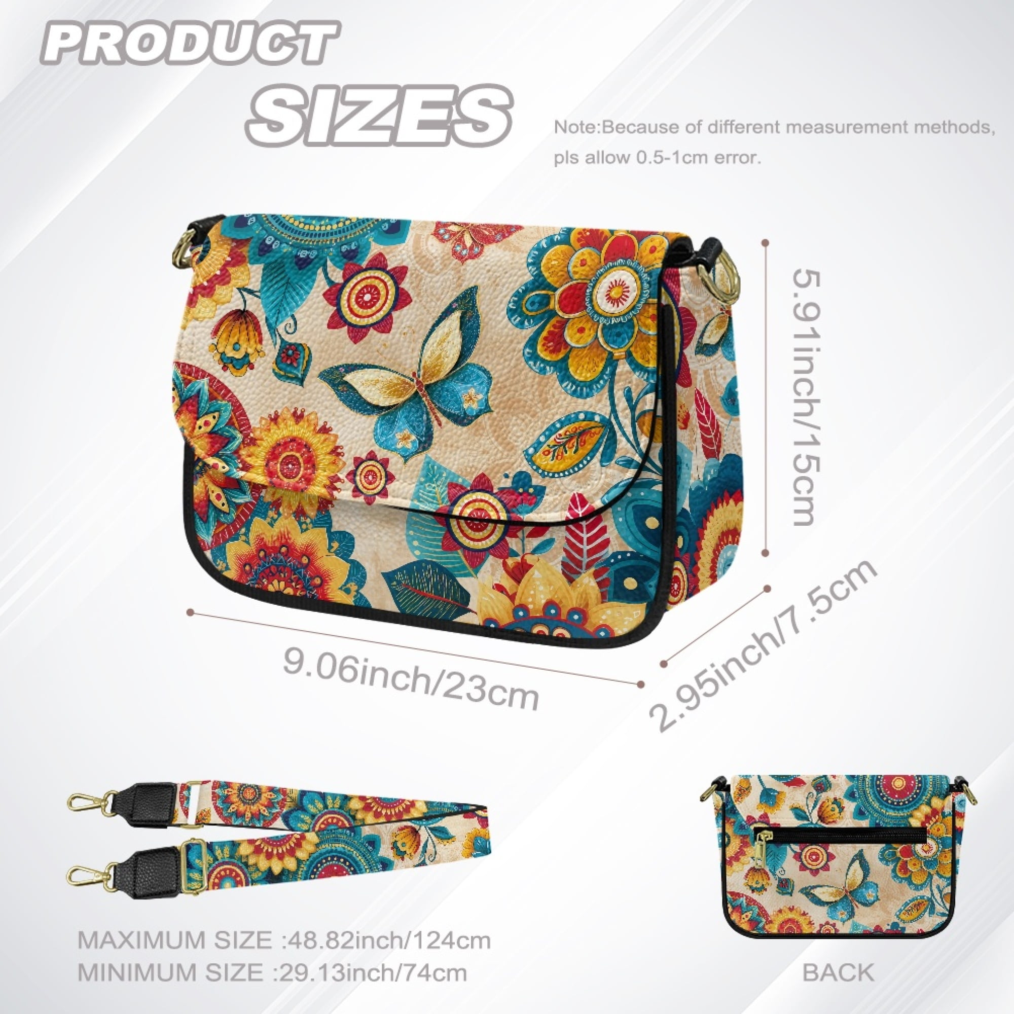 TSOVTHRID Boho Mandala Floral Butterfly Print Crossbody Bags for Women PU Leather Crossbody Handbags Purses Crossover Shoulder Bag with Wide Strap