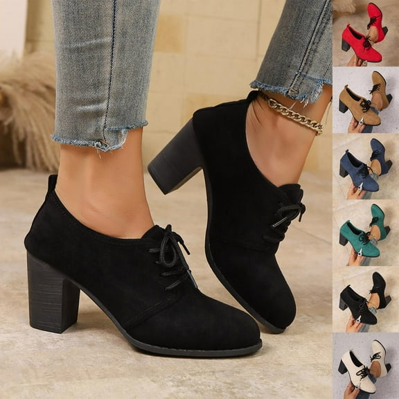 Eltusu Women Platform Chunky Heels, No Slip Mid High Heels Round Toe Lace-up Block Heel Shoes Black Size 5.5-9