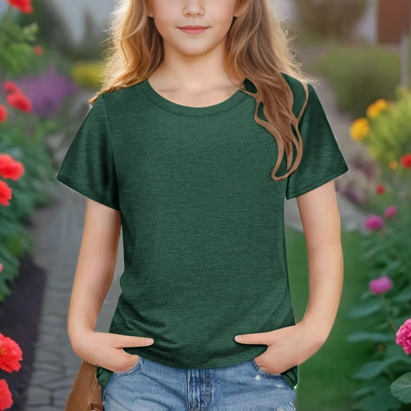 BRGZLK Boys Girls Cotton T-Shirts Summer Trendy Solid Color Breathable Tee Unisex Round Neck Short Sleeve Easy Matching Blouse Green 7-8 Years