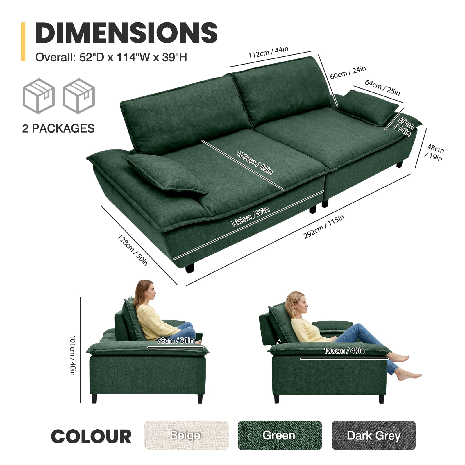 Advwin 114" Oversized Sectional Sofa, Luxury Sailboat Cloud Couch with Adjustable Backrest, Extra Deep Lounge Seating & Wide Arms for Modern Living Room, Dark Green
