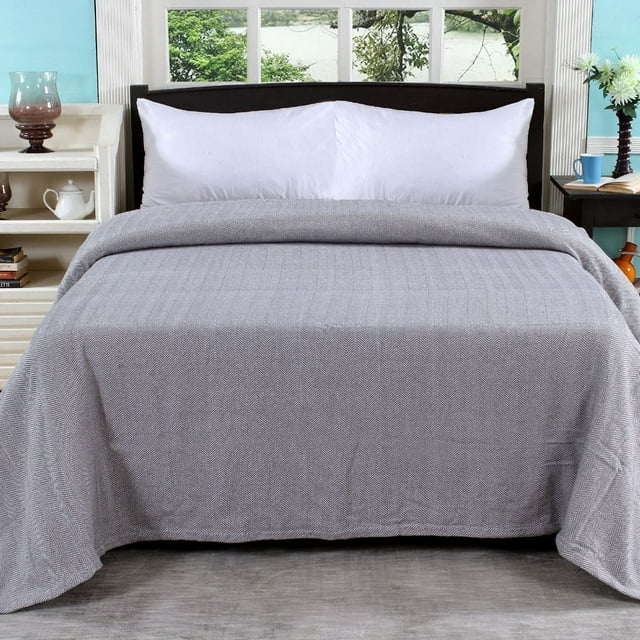 Fabstyles 100% Cotton Soft and Cozy Blanket - Herringbone Weave Cotton Blanket - Perfect for Layering Any Bed for All Season (Grey/White, Queen (90''x90''))