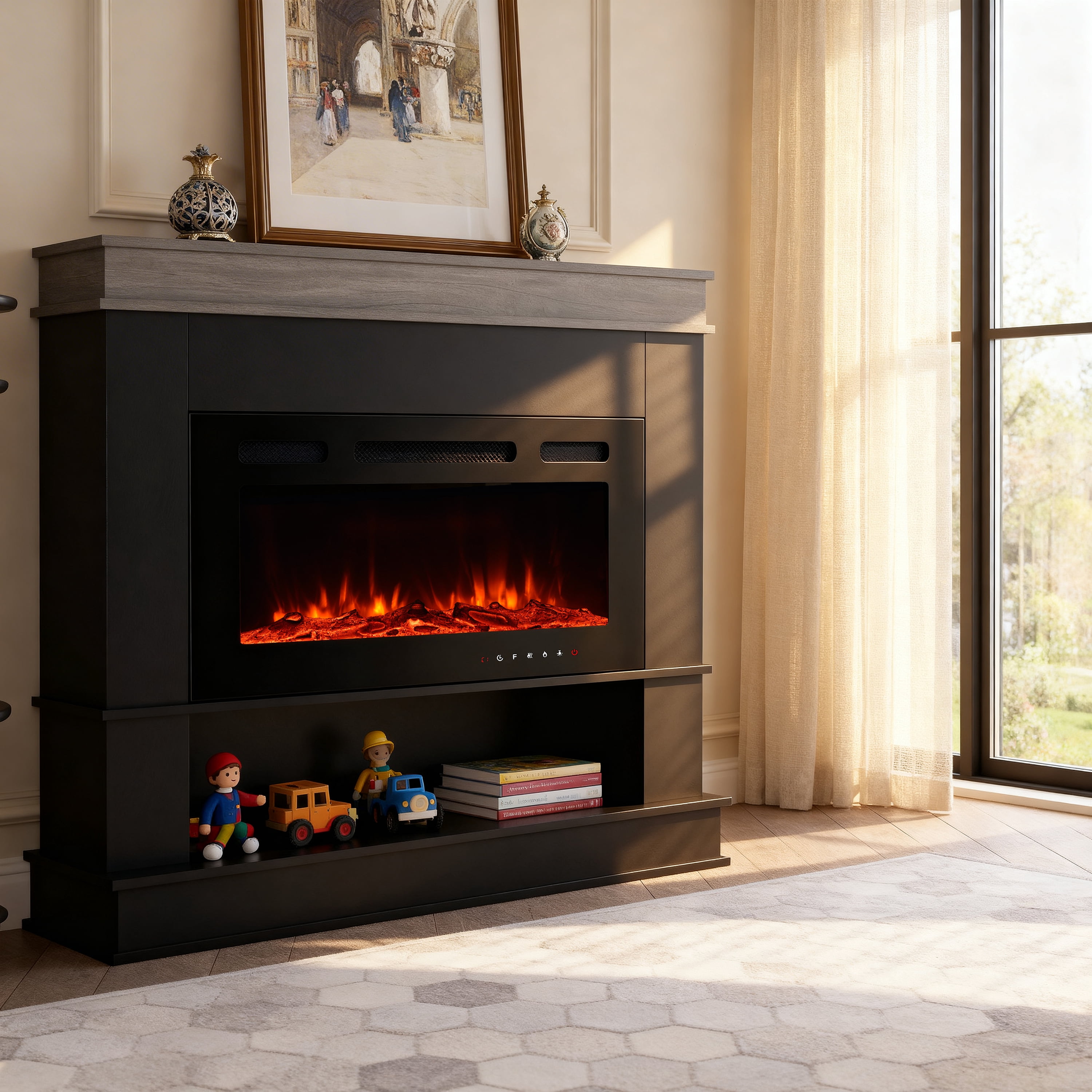 Maxhonor Black 30" Electric Fireplace with Mantel, 3D Dynamic Flame, 750W/1500W Dual Heating, Whisper-Quiet, Open Storage, Touch & Remote Control