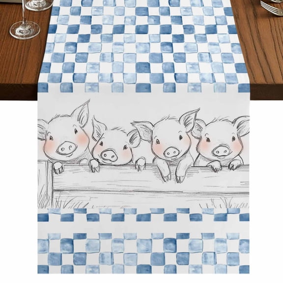Table Runners 72 Inches Long Dress Scarves, Blue Plaid Farmhouse Farmhouse Kitchen/Dining Table Runner, Coffee Tablerunners, Watercolor Cute Country Pigs Checkered 16x72 Inch