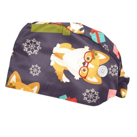 

2PCS Working Cap with Buttons and Sweatband Adjustable Tie Back Hats Bouffant Caps Christmas Scrub Turban Hat