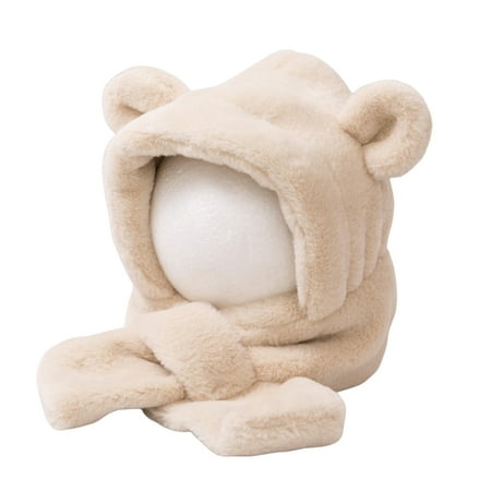 

UDIYO Kids Winter Hat Scarf Plush Cross Thicken Solid Color One-Piece Thermal Ear Decor Cold-proof Baby Bonnet Scarf Infant Accessories