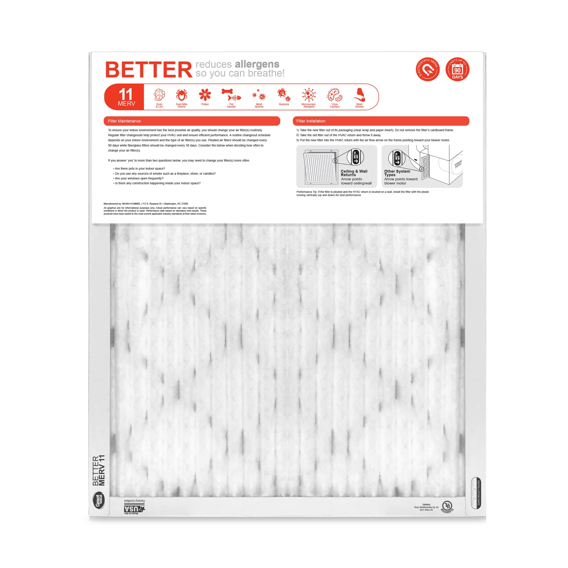 Great Value; 20x24x1; MERV 11 BETTER HVAC Air and Furnace Filter; Reduces Allergens; 4 Filters