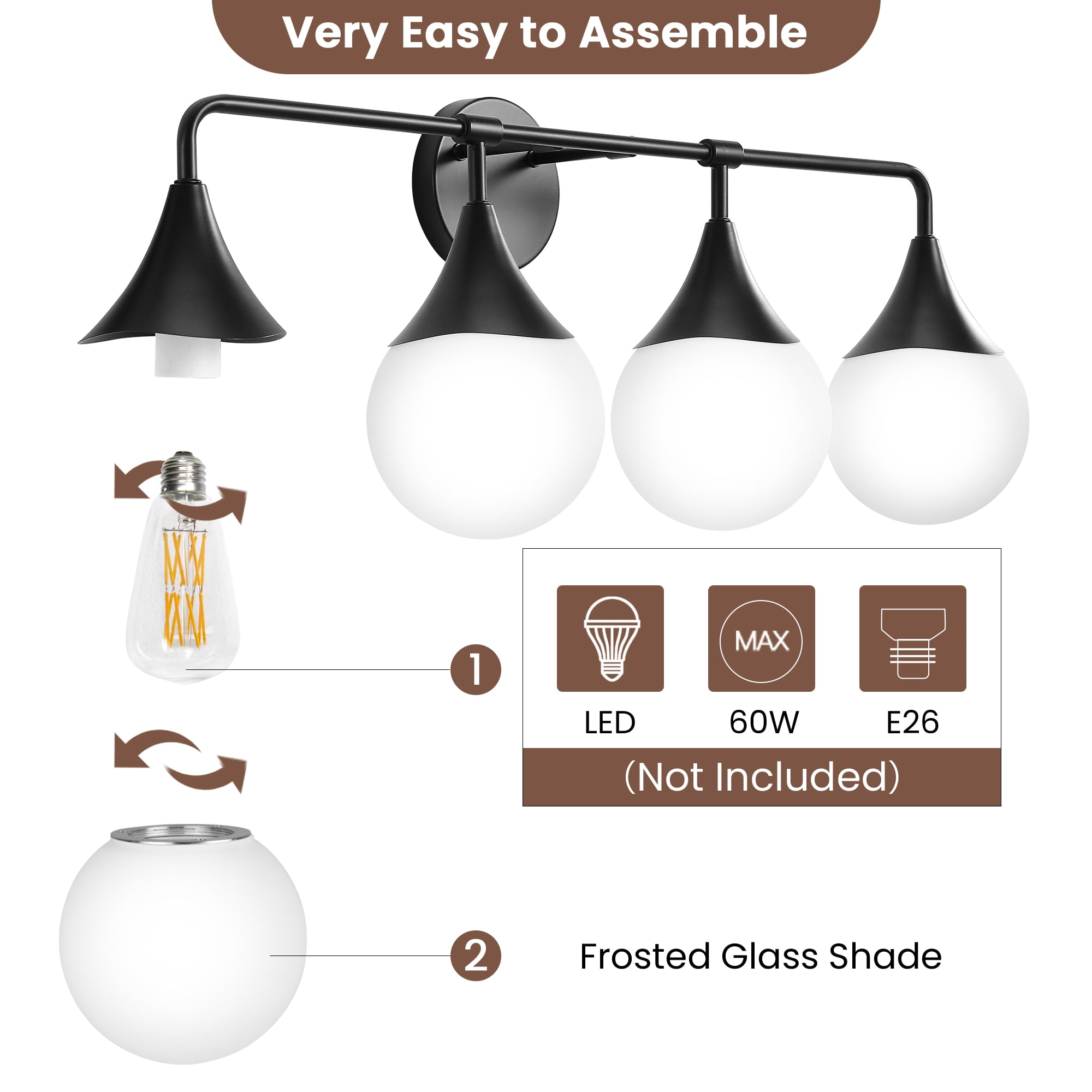 Bathroom Vanity Light 4-Lights Bathroom Lighting Fixtures Over Matte Black Wall Sconces with Frosted Globe Glass for Hallway Restroom