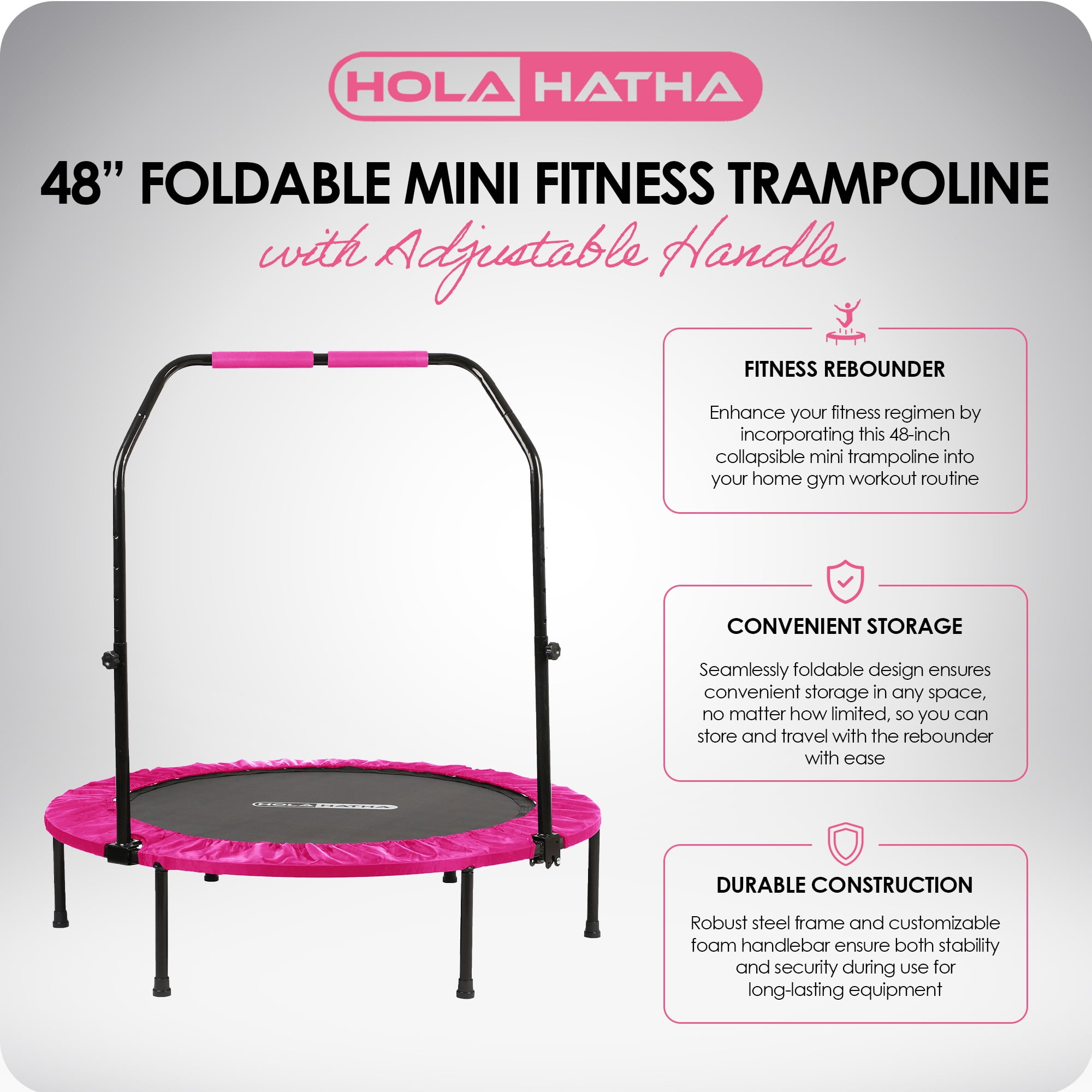 HolaHatha 48" Folding Mini Fitness Trampoline with Adjustable Handle, Pink