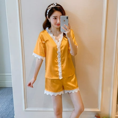 

PIKADINGNIS New Stain Lace Woman Pajamas Set 2Pieces Spring Summer Short Sexy Sleepwear Elegant Solid Color V-neck Ice Silk Homewear Set
