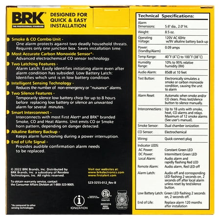 First Alert BRK SC9120B 85-Decibel Ionization Hardwired Smoke and Electrochemical Carbon Monoxide Detector with Battery Backup