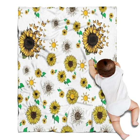White Sunflower Butterfly Sun Pattern Blanket,Comfortable Soft Flannel Throw Blanket,All Season,Warm Lightweight Blankets for Sofa Bed Couch Living Room Chair,30"x40"
