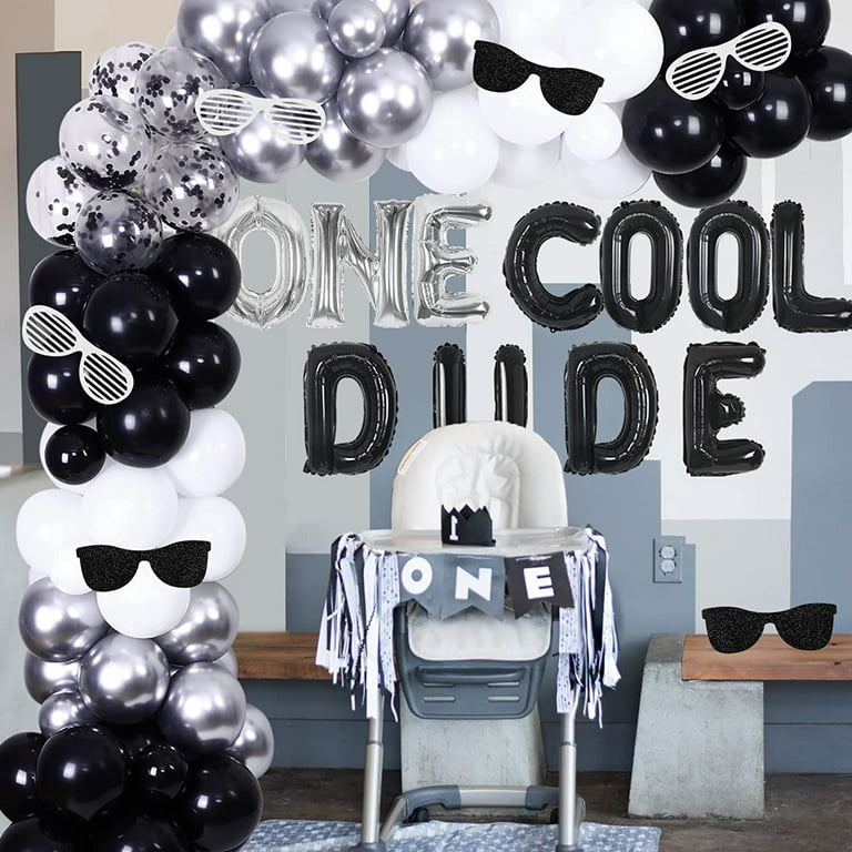 One Cool Dude 1st Birthday Decorations, Baby Boy First Birthday Balloon  Garland Kit Black Silver White With Sunglasses Stickers For Little Man 1  Year Old Party Supplies 
