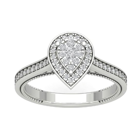 Araiya 10K White Gold Pear Shape Halo Diamond Ring for Women (3/8 cttw, I-J Color, I2-I3 Clarity), Size 7