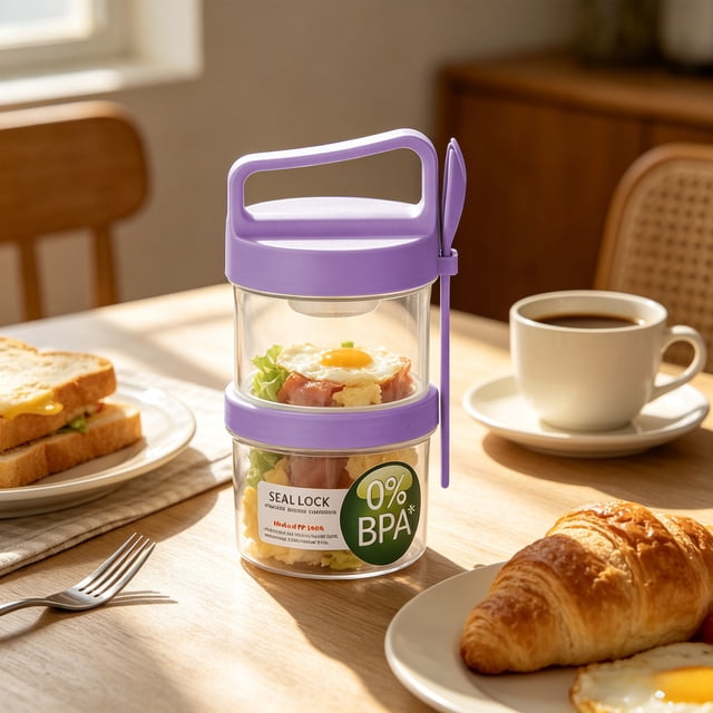 Vaso de plástico portátil para desayuno con cuchara | Envase para cereales, yogur y leche | Recipiente de dos niveles a prueba de fugas para separar alimentos secos y húmedos