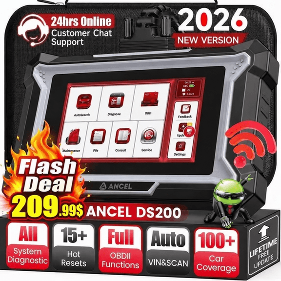ANCEL DS200 OBD2 Scanner Full‑System Automotive Diagnostic Scan Tool with 15 Reset Services, DPF Regeneration, Injector Coding, ABS Bleeding, WiFi Lifetime Free Updates, Online Customer Support
