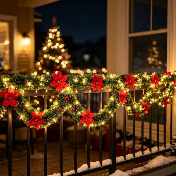 118inch Pre-lit Christmas Garlands with LED Lights Artificial Xmas Decoration Lighted Garland for Balcony Mantel Stair Handrail Indoor Outdoor