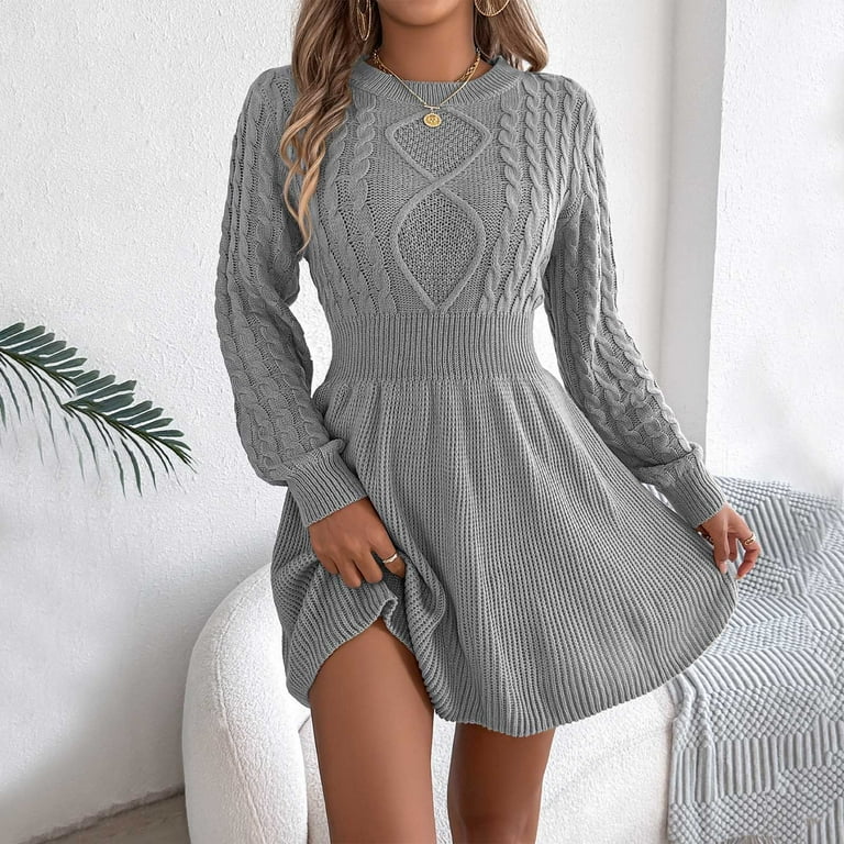 YMNXA Women's Knitted Dress Long Sleeve Round Neck Solid Color A Line  Elegant Sweater Mini Dresses For Daily Wear Black L