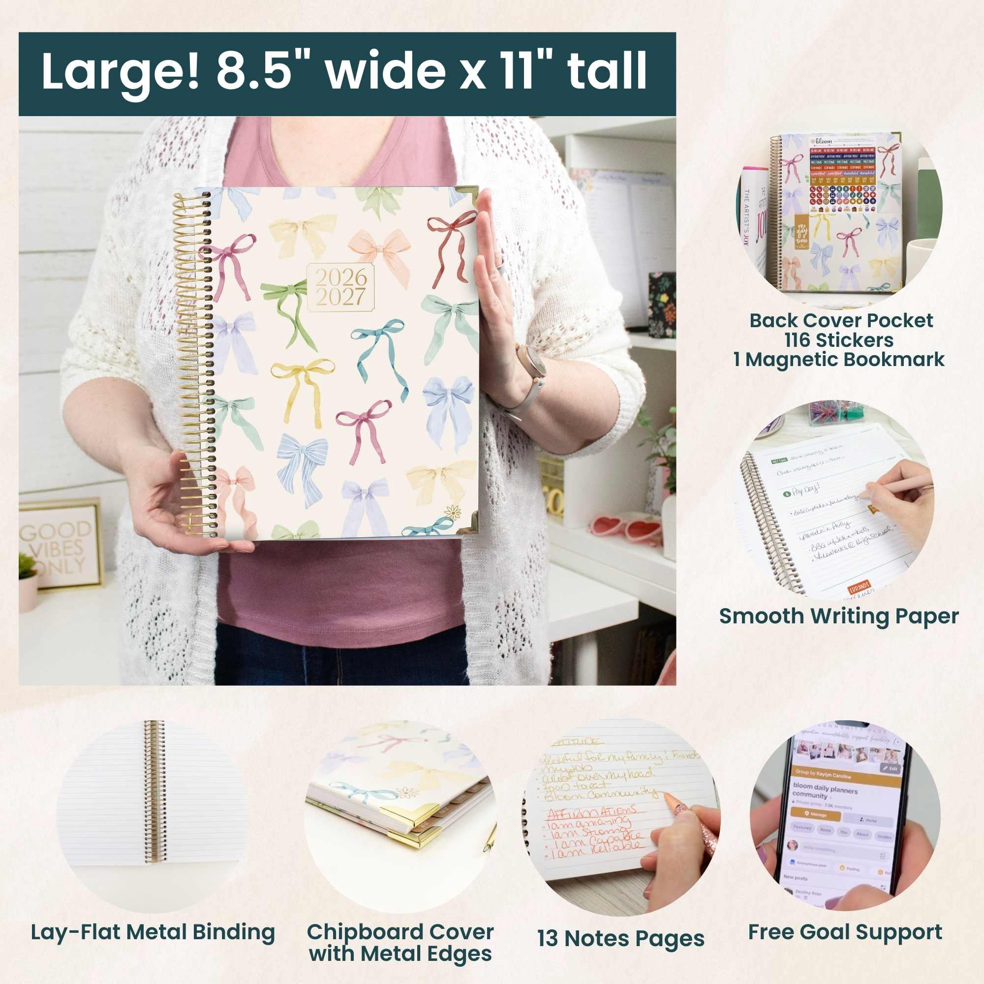 bloom daily planners 2026-2027 Academic Planner, 13-Month Monthly & Weekly Hard Cover, 8.5" x 11", Bows