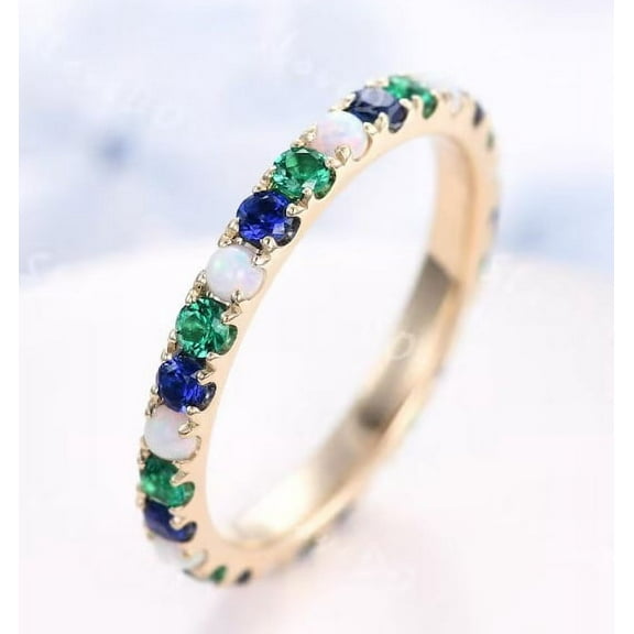 Opal,Emerald & Sapphire Ring, 2mm Eternity Wedding Band, May Birthstone Ring, Emerald Matching Band, Stacking Ring, Sapphire Ring.