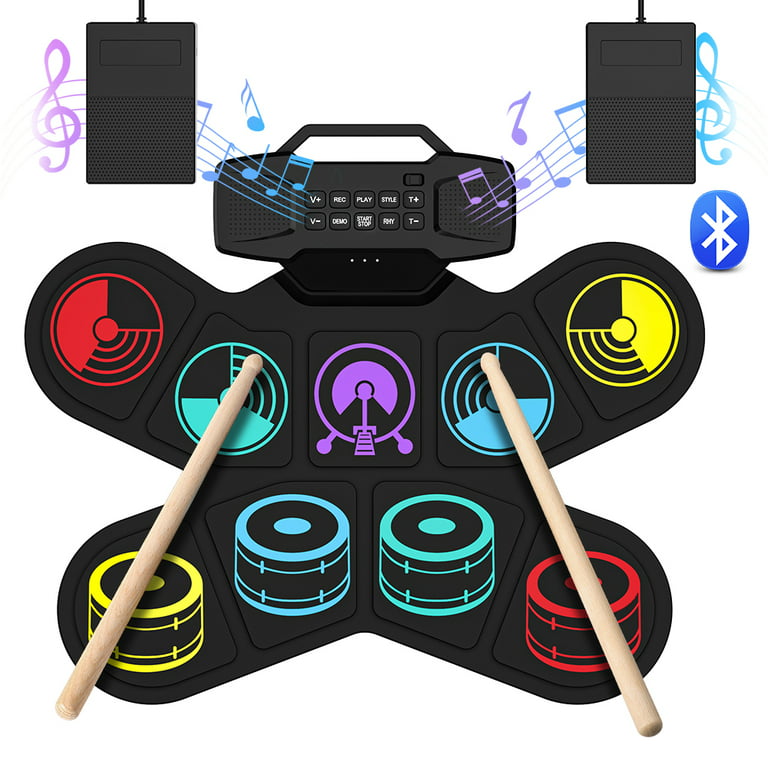 Electronic Drum Set, 9-Pads Roll-Up Electric Drum Set Kit Machine with  Headphone Jack Built-in Speaker Drumsticks Pedals, Xmas Birthday Gift for  Kids