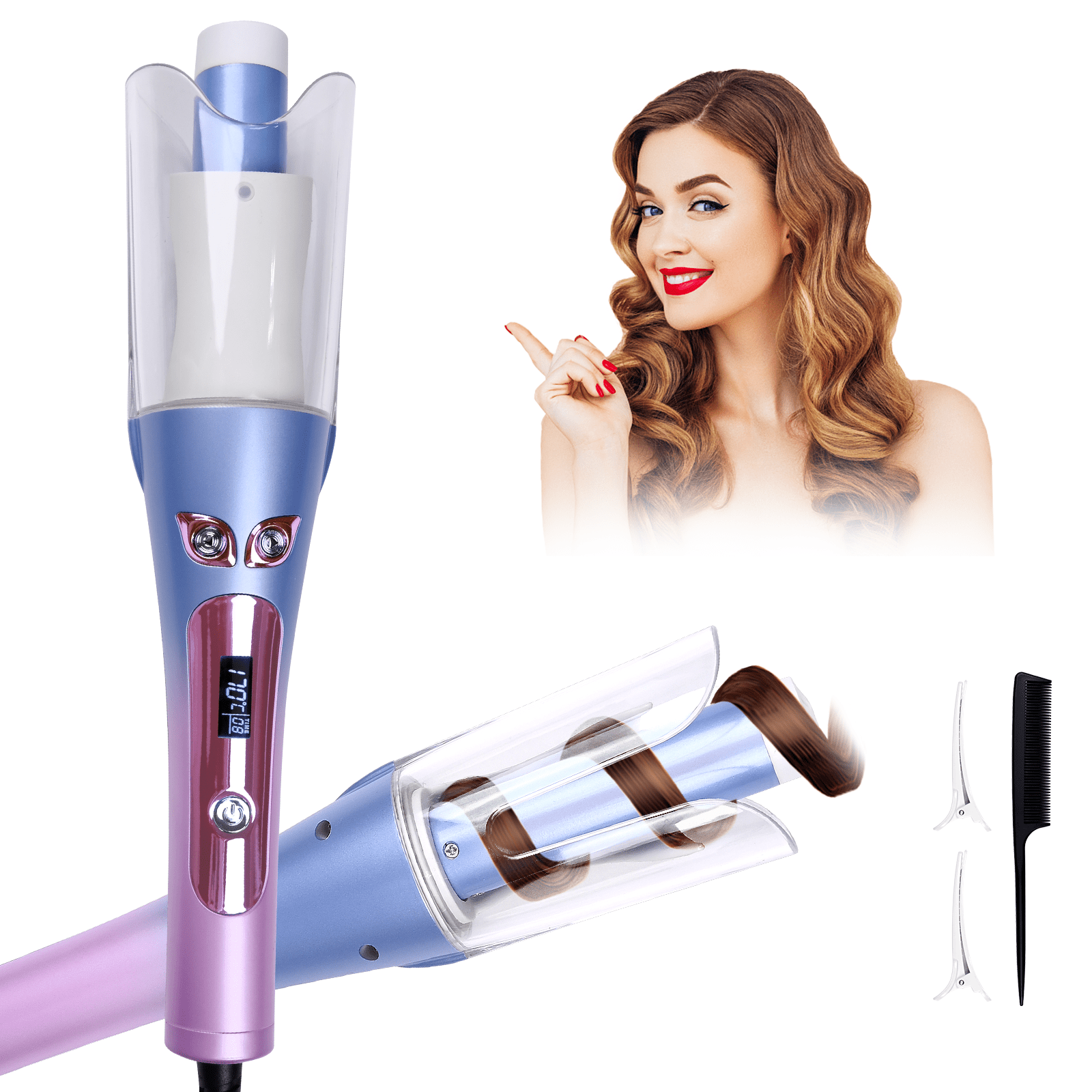 Automatic Hair Curling Wand Set - Gradient Color, Plastic-Ceramic-Metal Build, 13.97X4.72X2.48 Inch, with Comb & 2 Clips