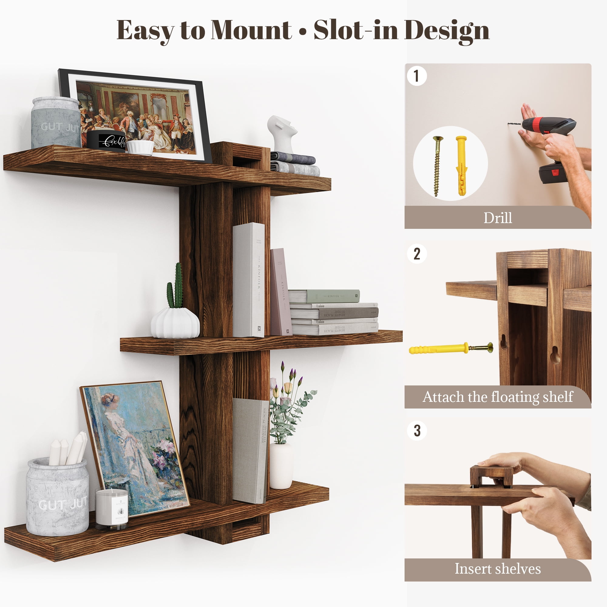 MEHOOM 3-Tier Wooden Floating Wall Shelf, Rustic Wall-Mounted Storage Shelves for Bedroom, Living Room, Farmhouse Wall Decor, 20in