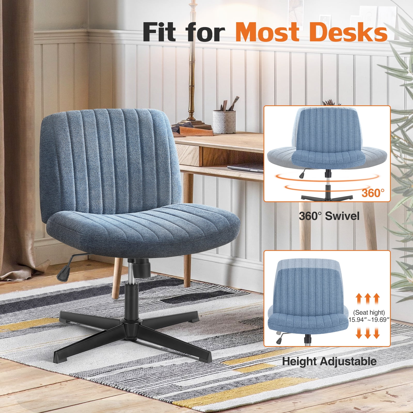 MAYEERTY Wide Desk Chair ，No Wheels Cross Legged Office Chair Armless Office Chair，Blue