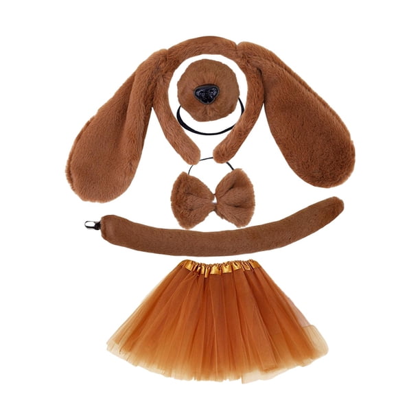 Conjunto de diadema con orejas de perro y cola larga, con lazo y nariz, pinza para el pelo con orejas de felpa Marrón con Falda