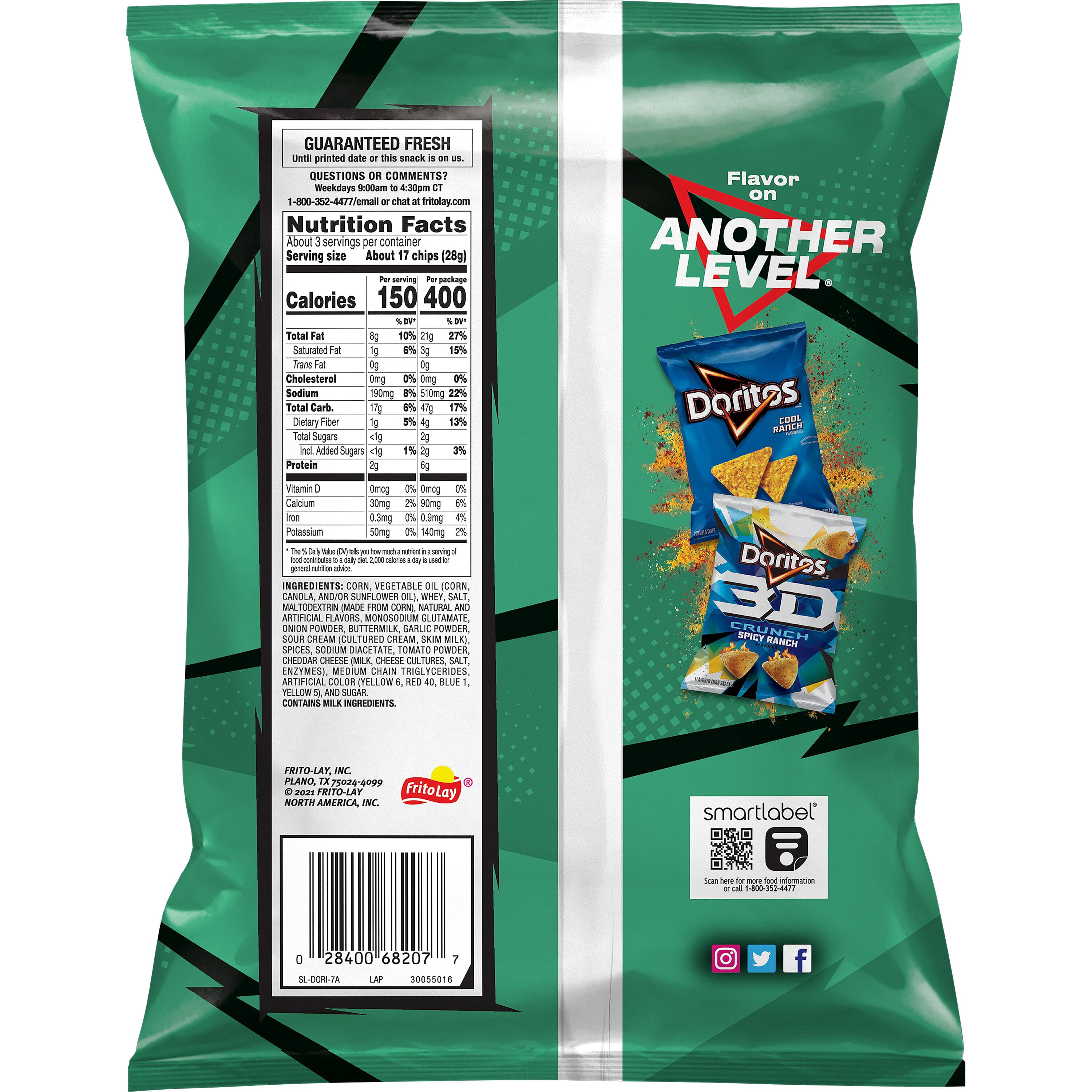 Doritos Tangy Ranch Flavored Tortilla Chips Snack Chips, 2.75oz Bag Single Pack