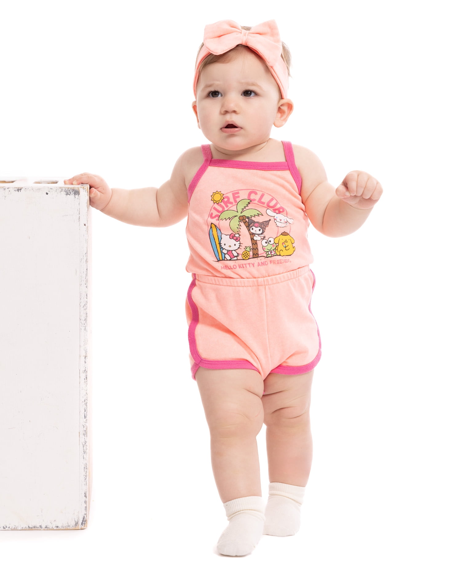 Hello Kitty and Friends Baby Girls Sleeveless Graphic Romper with Matching Bow Headband, Sizes 0/3M-24M