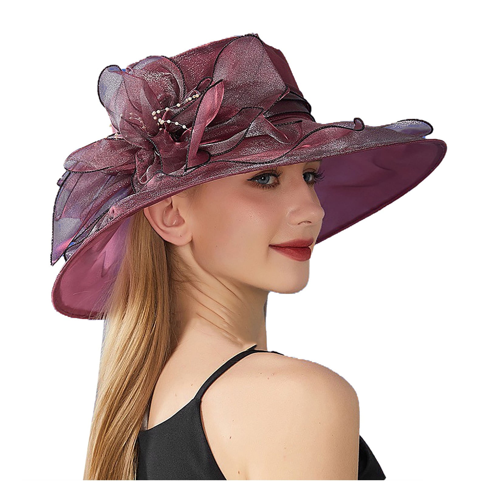 Kentucky Derby Hat Organza Floral Accents Wide Brim Garden Tea Church Funeral Gorgeous Black Wide Brim Organza Hat Church Races Tea Party  main image 2