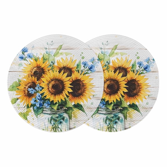 Sunflower Round 15 Inch Placemats Set of 2, Retro Country Garden Floral Blue Wildflower HeatResistant Non Slip Place Mats for Dining Table, Wipeable Braided Kitchen Table Mats for Housewarming